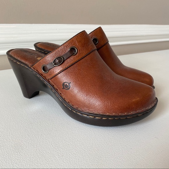 Born Shoes - Born Brown Leather Mules with Heel Size 10